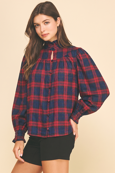 PLAID RUFFLED MOCK NECK SHIRT - 7609T: NAVY/GREEN / S