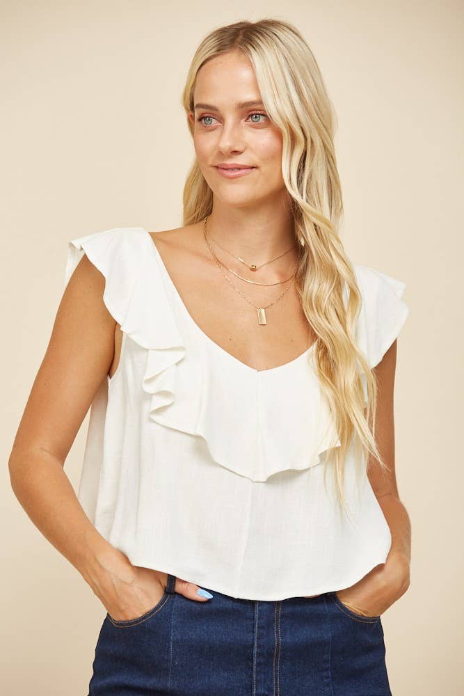 Ruffled Linen Cropped Blouse: Ivory