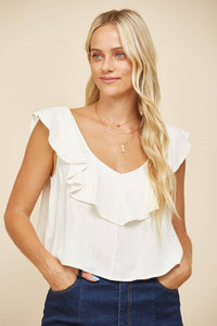 Ruffled Linen Cropped Blouse: Ivory