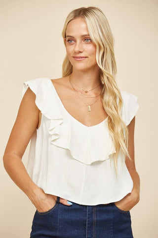 Ruffled Linen Cropped Blouse: Ivory