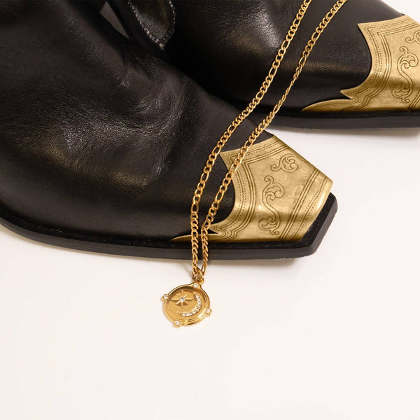 18K Gold PVD Stainless Steel Stone Moon And Star Pendant: Gold