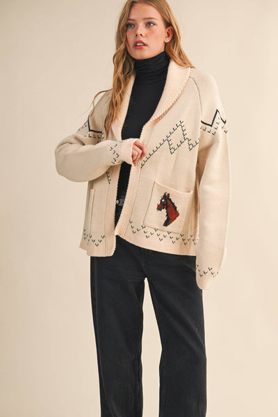 Horse Knit Sweater Cardigan: Beige Taupe