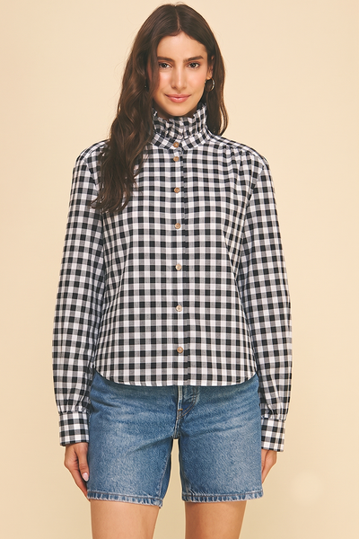 Ruffle Collar Button Down Long Sleeve Shirt - Gingham Check Blacck