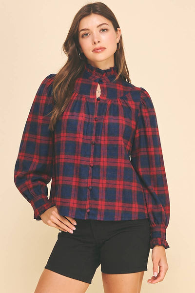 PLAID RUFFLED MOCK NECK SHIRT - 7609T: NAVY/GREEN / S