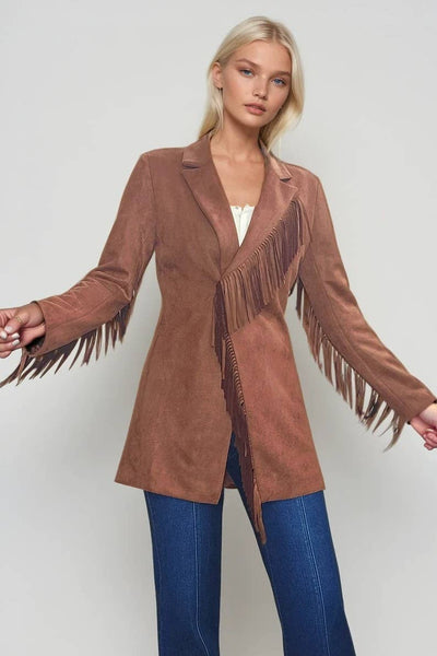 Faux Suede Fringed Blazer: Tan