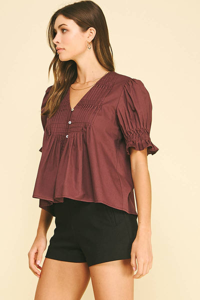 Tucked Detail Button Down Blouse - Plum