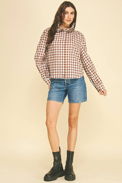 Ruffle Collar Button Down Long Sleeve Shirt - Gingham Check Brown