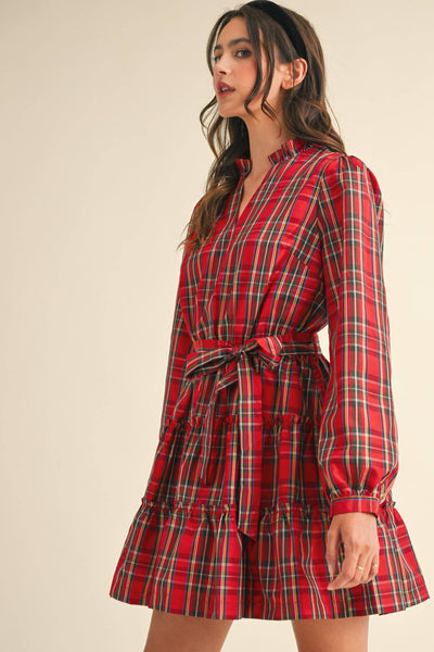 Plaid Mini Dress with Ruffle Trim