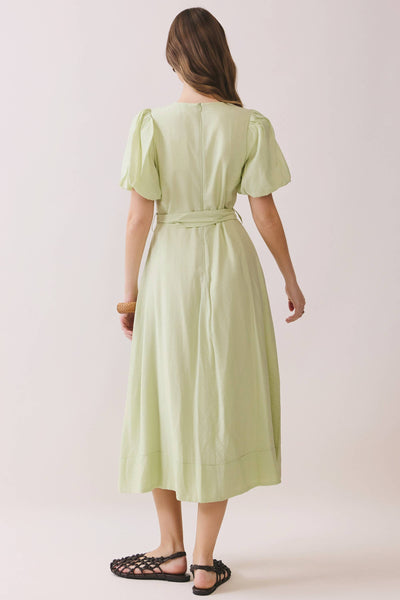 Pintuck Detail Puff Sleeve Tie-Waist Midi Dress - Mint