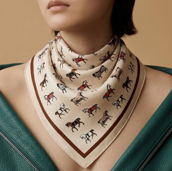 Equestrian Horse Print Satin Square Scarf: Classic Cream