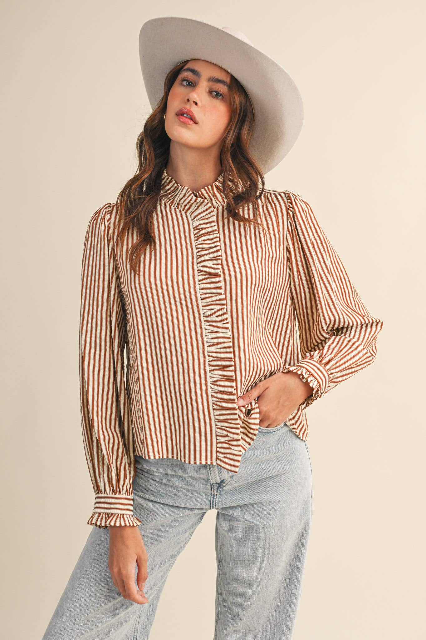 Striped Ruffle Button Down Long Sleeve Top: Pecan Stripe