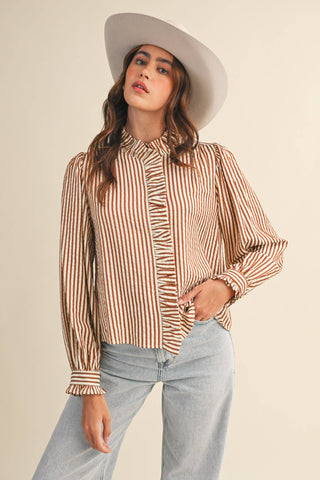 Striped Ruffle Button Down Long Sleeve Top: Pecan Stripe