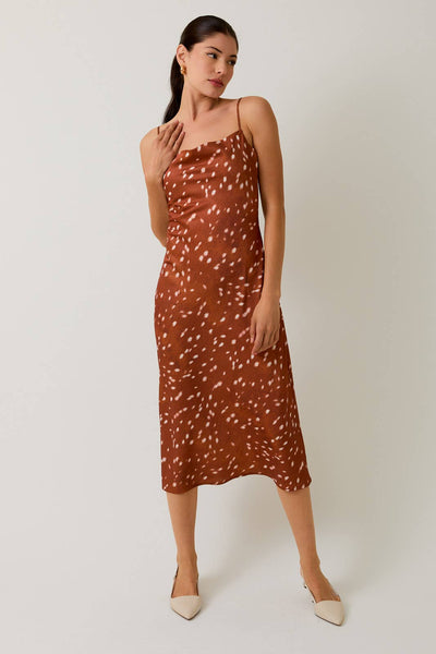 Cowl Neck Slip Midi Dress: Brown & White Animal Print