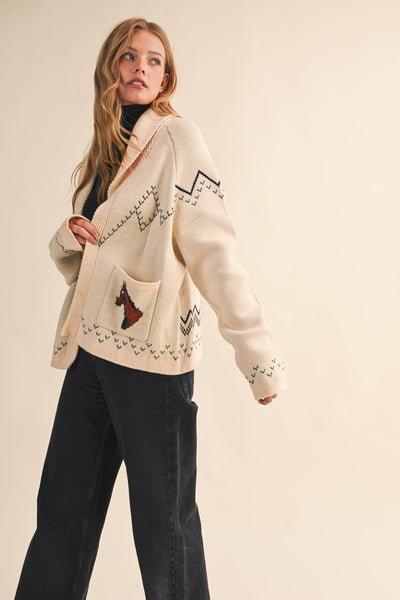 Horse Knit Sweater Cardigan: Beige Taupe