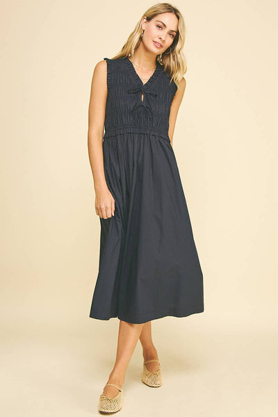 Front-Tie Smocking Midi Dress - Ink