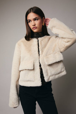 Round Neck Long Sleeve Fur Outerwear: Beige