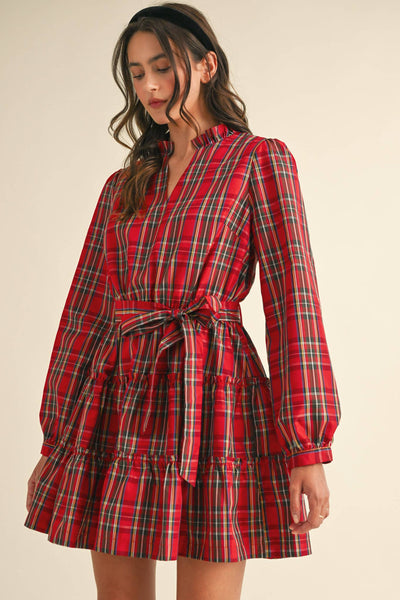 Plaid Mini Dress with Ruffle Trim