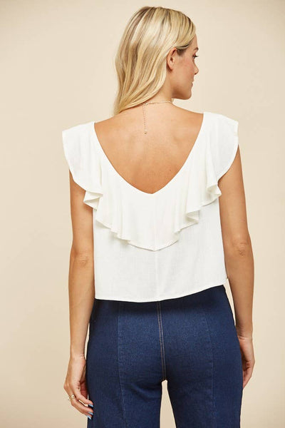 Ruffled Linen Cropped Blouse: Ivory