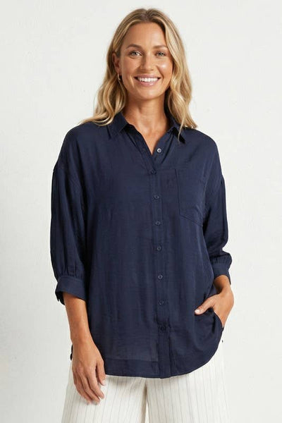Oversized 3/4 Sleeve Button Up Blouse: Navy / M