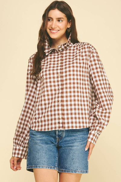 Ruffle Collar Button Down Long Sleeve Shirt - Gingham Check Brown