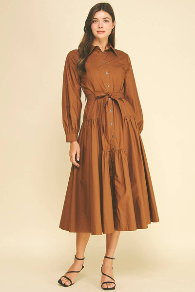 SOLID BUTTON DOWN TIERED MIDI DRESS - 7630D: INK / S