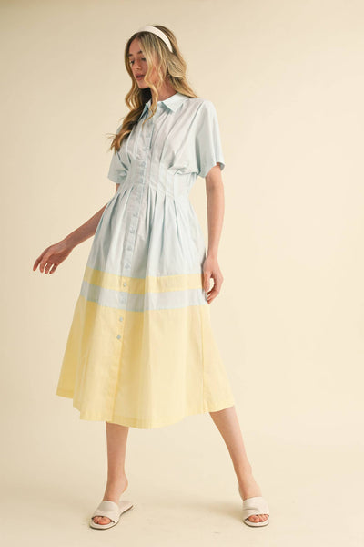 Button Down Midi Dress - Blue & Yellow