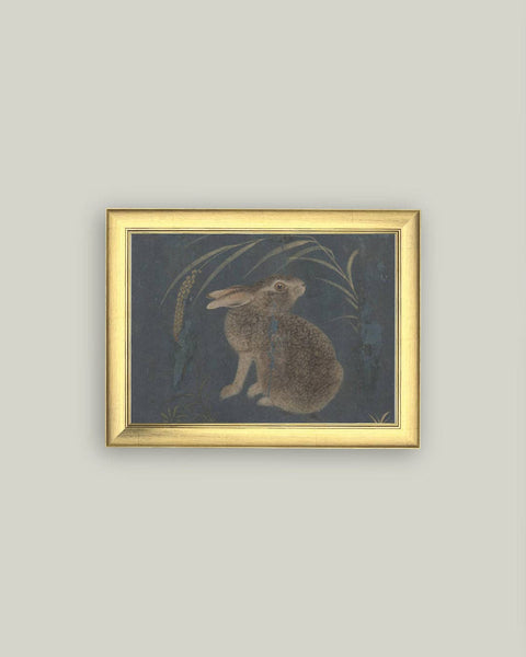 Brown Rabbit on Navy Framed Antique Art: 8x6