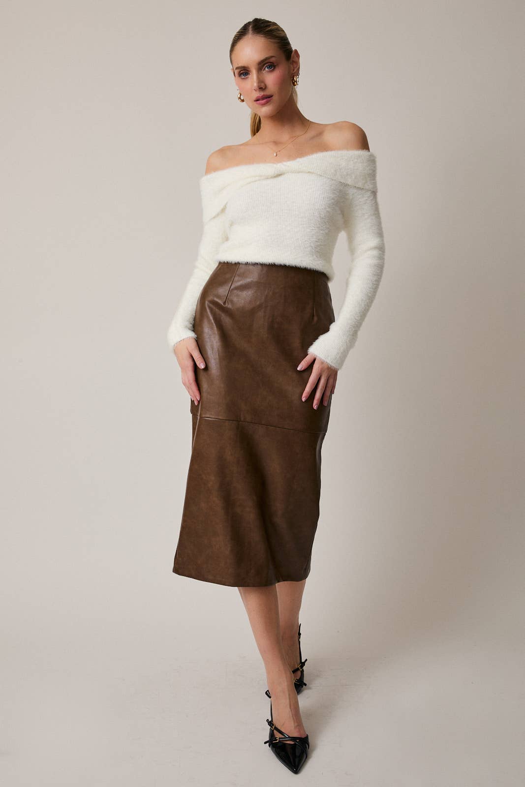 Leather Front Slit Midi Skirt: Brown