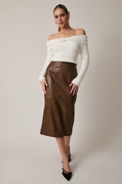 Leather Front Slit Midi Skirt: Brown