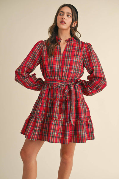 Plaid Mini Dress with Ruffle Trim
