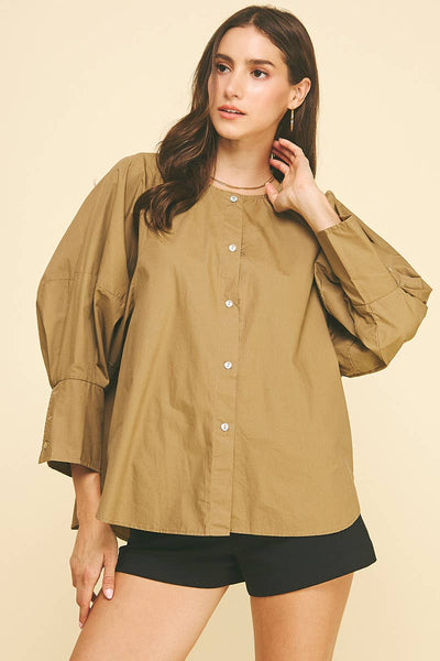 Button Down Blouse Top - Khaki