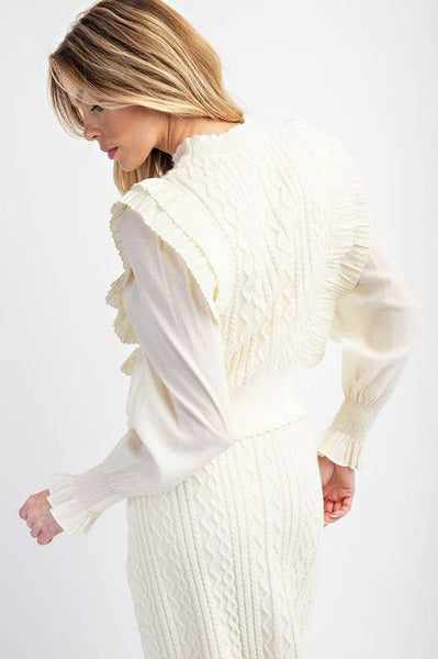 Cable Knit Sweater with Woven Sleeves: Brown