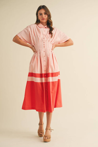 Button Down Midi Dress - Peach & Red