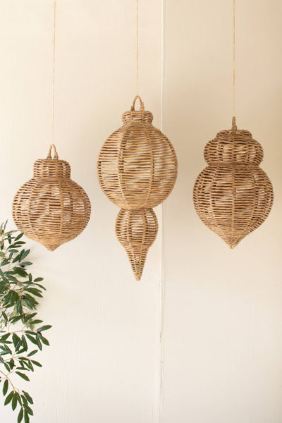 SET OF THREE LARGE WOVEN SEAGRASS AND IRON ORNAMENTS: Brown / Seagrass/Iron / Large: 14"d x 30.25"t;  
Medium: 12"d x 21"t;  
Small: 12"d x 17.75"t