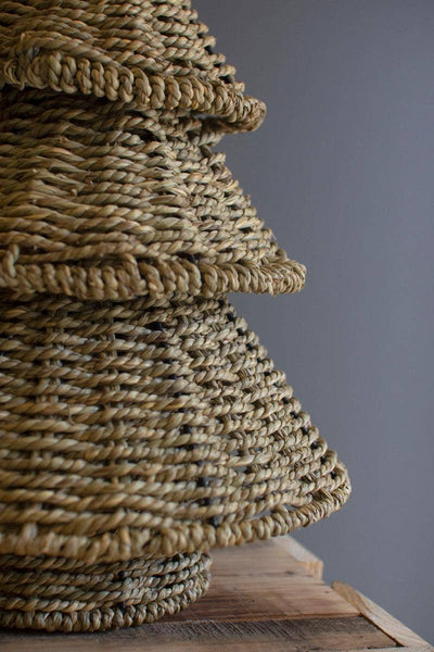 SET OF TWO SMALL WOVEN VINE CHRISTMAS TREES: Brown / Vine/Metal / Large: 12"d x 15"t;  
Small: 11"d x 12"t