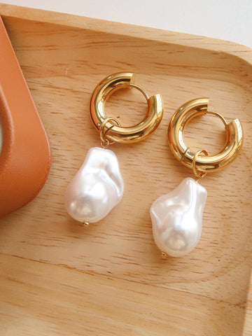Large Huggie Droplet Pearl Earring - gold, non-tarnish
