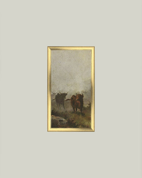 Bulls in a Misty Morning Framed Antique Art: 6x8