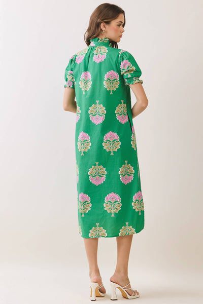 Floral Print Ruffle Collar Button Down Midi Dress - Green