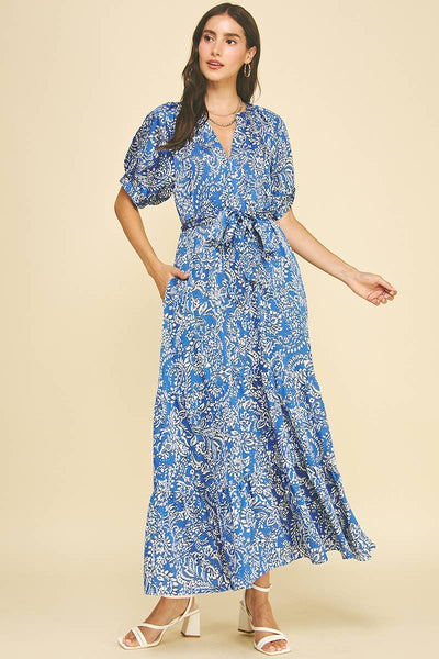 DAMASK PRINT TIERED MAXI DRESS - 6132DA: DEEP BLUE / S
