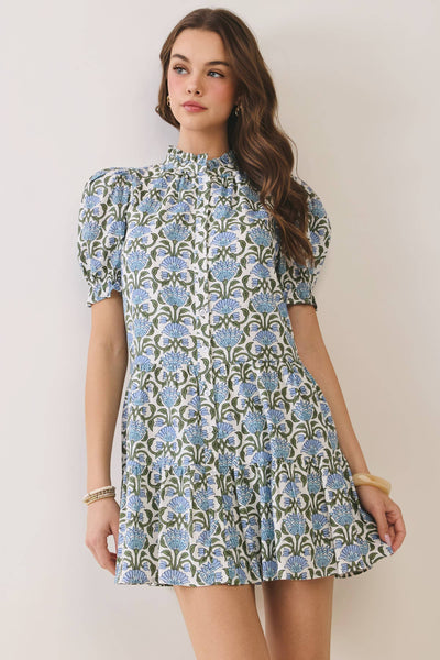 Floral Print Puff Sleeve Button Front Mini Dress - Blue