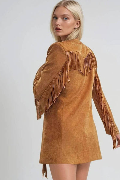 Faux Suede Fringed Blazer: Tan