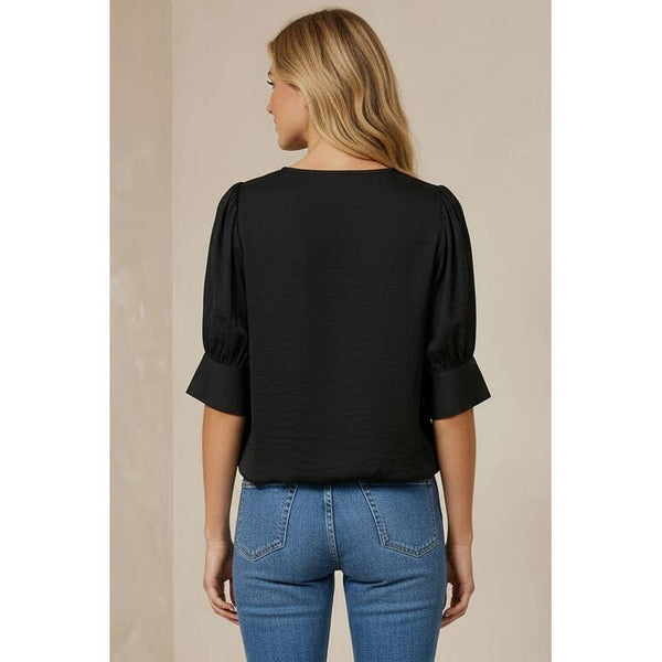 Half Sleeve Hi-lo Bubble Hem Blouse: Navy / L
