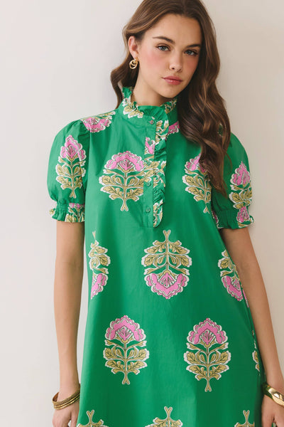 Floral Print Ruffle Collar Button Down Midi Dress - Green