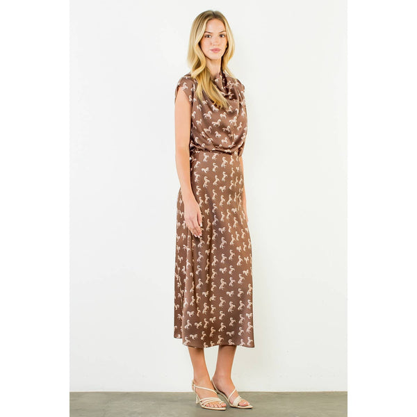 Satin Horse Print Skirt & Top Set: Brown
