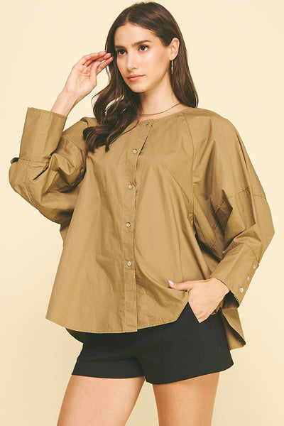 Button Down Blouse Top - Khaki