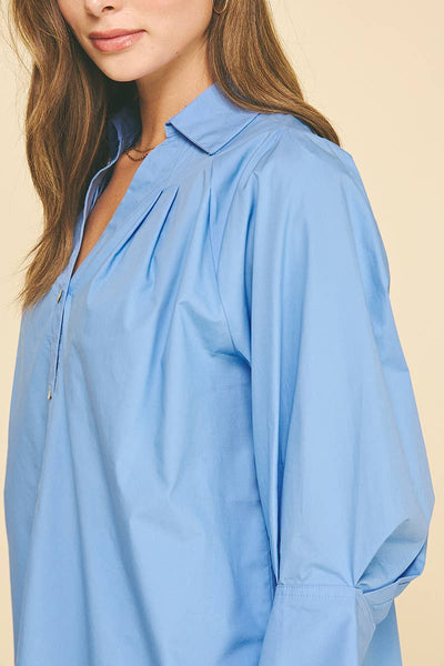 V-Neck Collar Wide Cuff Shirt - French Blue