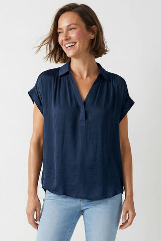 Half Placket Short Sleeve Blouse - Navy