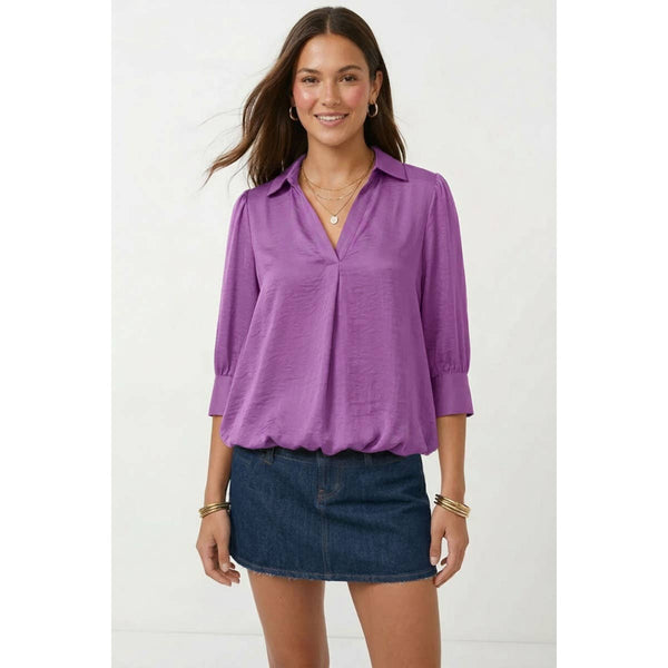 Half Sleeve Hi-lo Bubble Hem Blouse: Navy / L