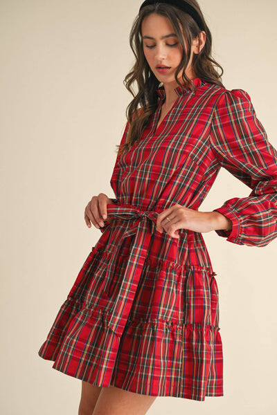 Plaid Mini Dress with Ruffle Trim