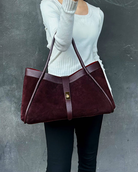 Genuine Suede and Togo Leather Bag: Burgundy